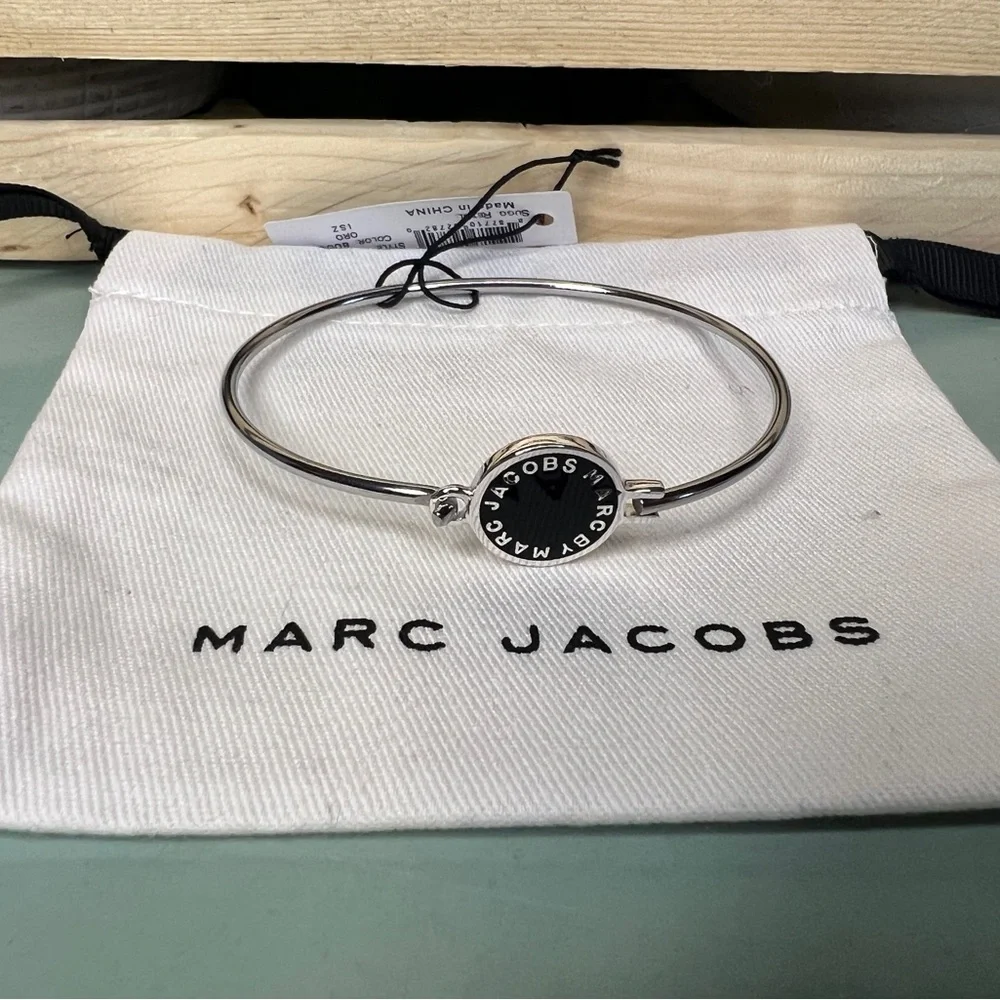 Marc by Marc Jacobs Silver Thin Bangle with Black Logo Disc